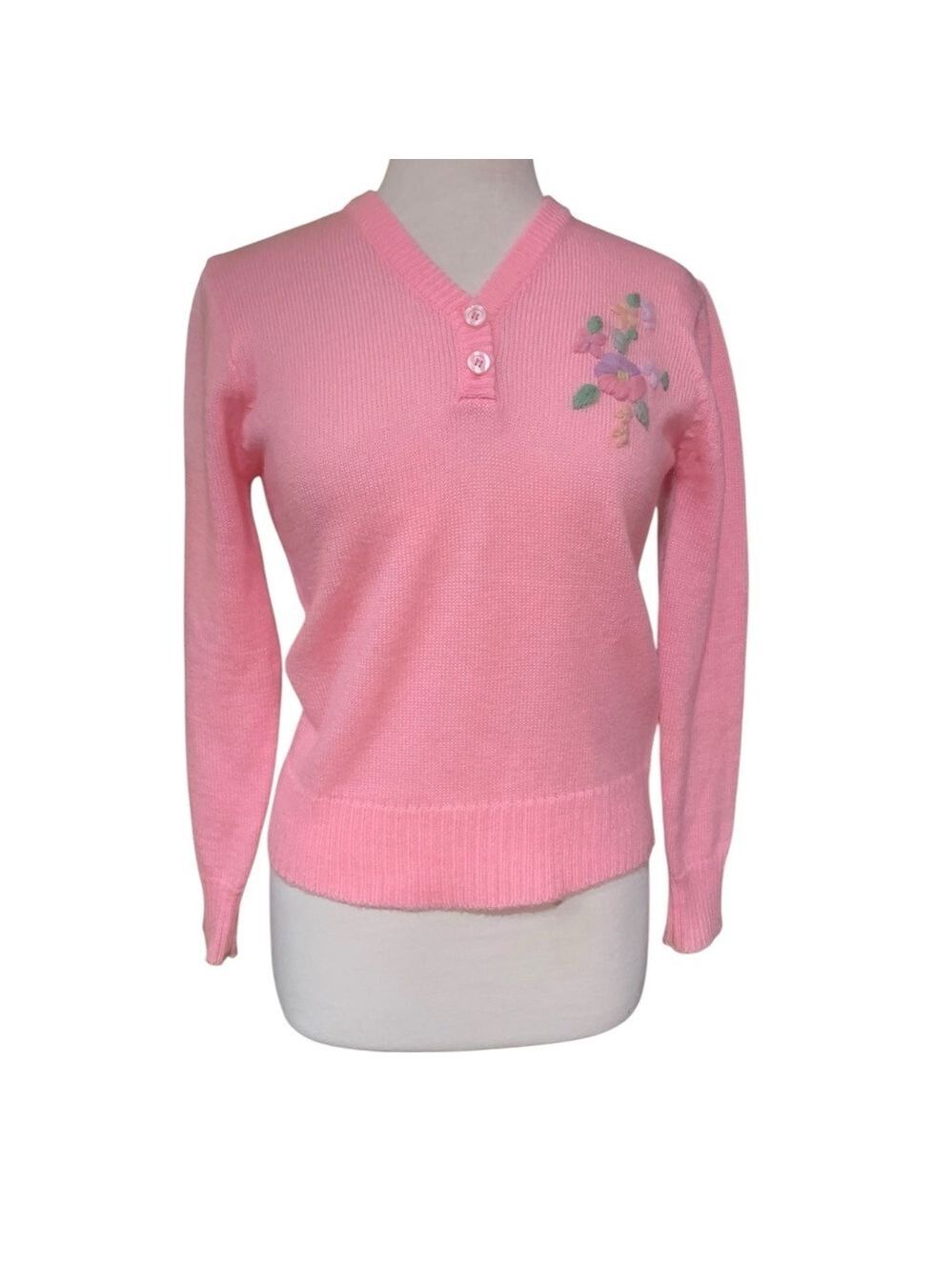 Vintage pink v neck long sleeved sweater with embroidered flowers size M